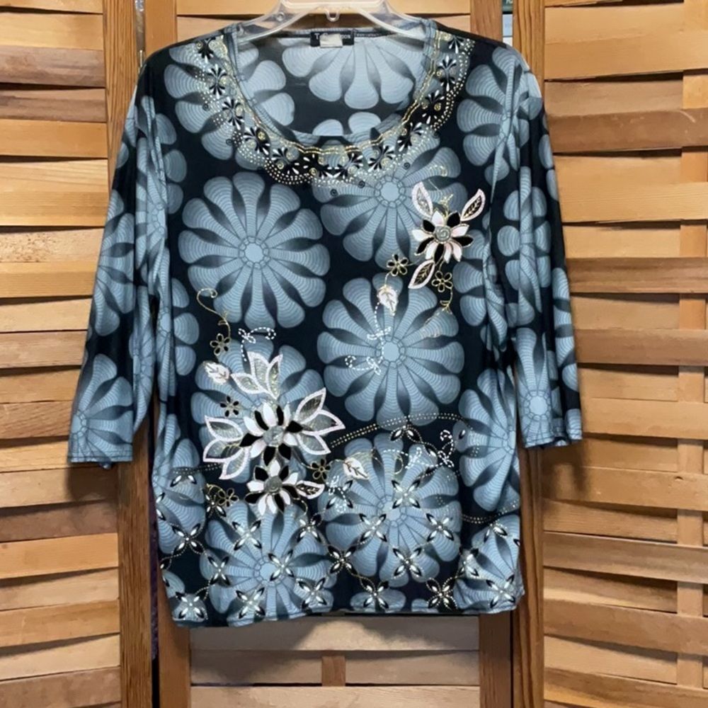 TC Fashion Gray lack White Gold Embellished Graphic Blouse 3/4 Sleeves Women XXL